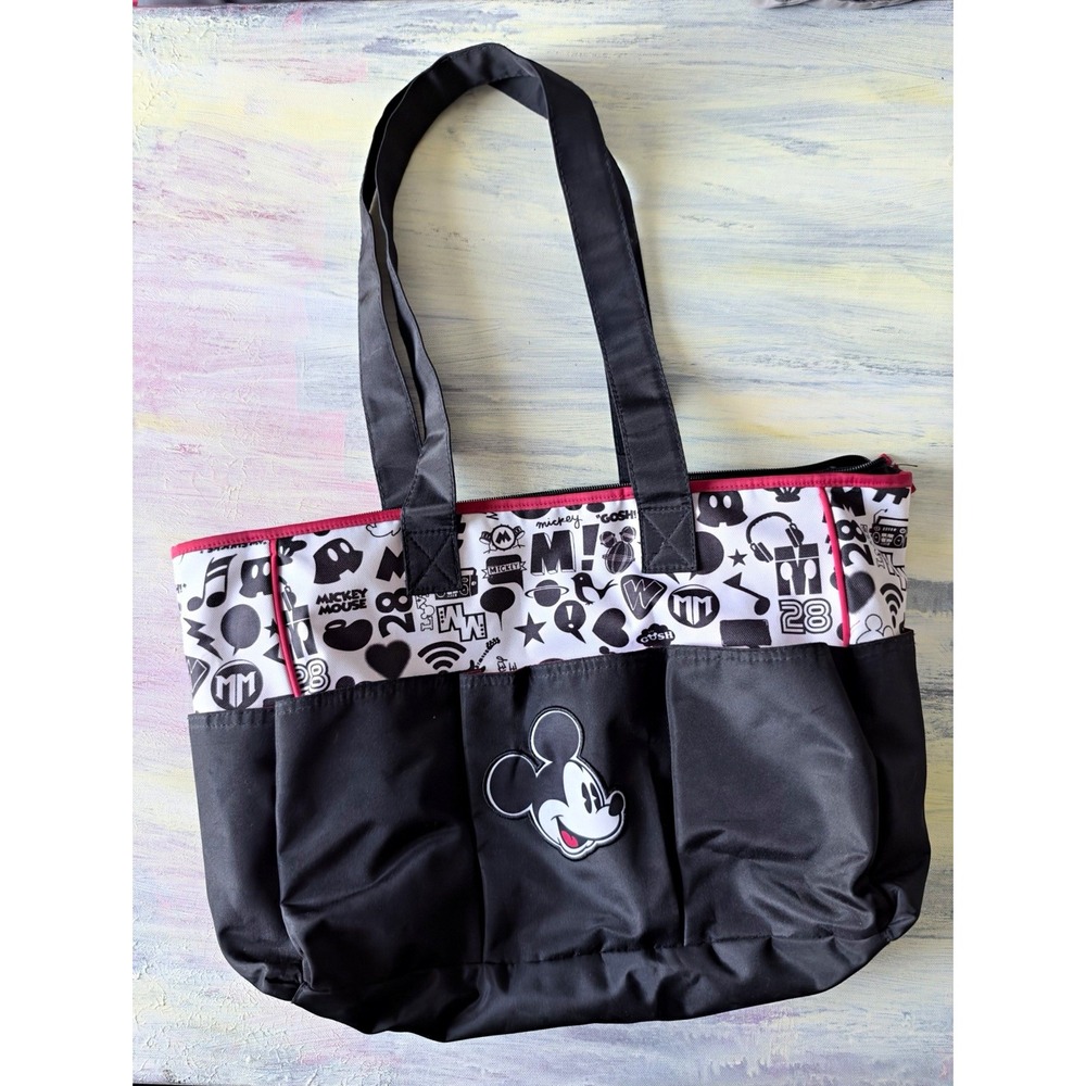 Disney Mickey Mouse baby Bag Large Tote Black White Pink Multi Pocket Zip